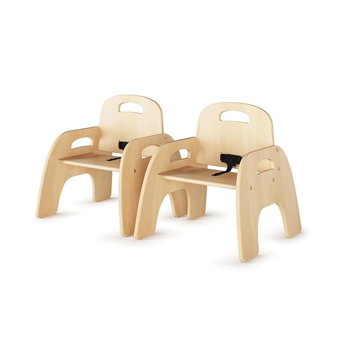 Foundations Simple Sitter 7” Low Wood Feeding Chairs, Wide No-Tip Base, Adjustable Safety Harness, Stackable Wood Toddler Chairs with Food Service Grade Finish, 2 Pack