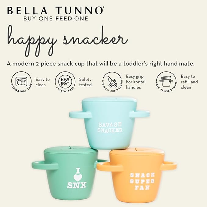 Snack Cups for Toddlers by Bella Tunno, Set of 2 Silicone Spill Proof Food Containers with Lids, Babies & Kids 6-12 Months, Got Snacks & Get in My Belly