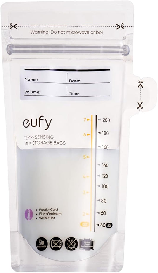 eufy Breast Milk Storage Bag with Temperature Sensing Color Change, Milk Storing Bags for Breastfeeding, 7 oz Disposable Storage Bags, Self-Standing, Leakproof Milk Freeze Storage Pouches (120 Pieces)