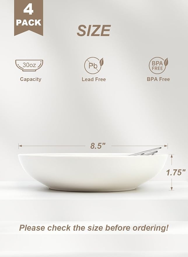Quatish Pasta Bowls 30oz Set of 4, Salad Bowls Soup Bowl - Image 4