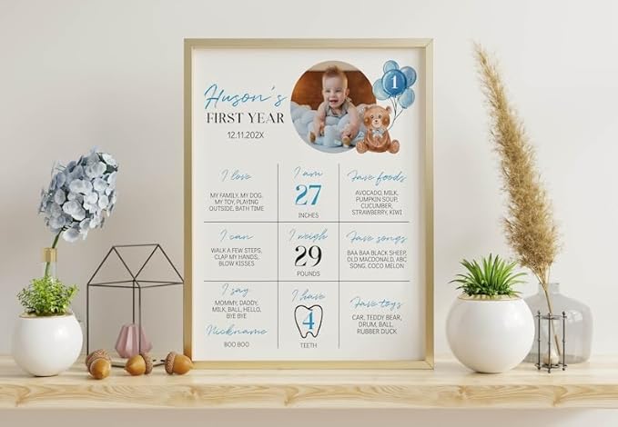 Personalized Beary First Birthday Milestone Poster, Teddy Bear Birthday Milestone Sign, Modern Bear Birthday Stats Board, Design 05