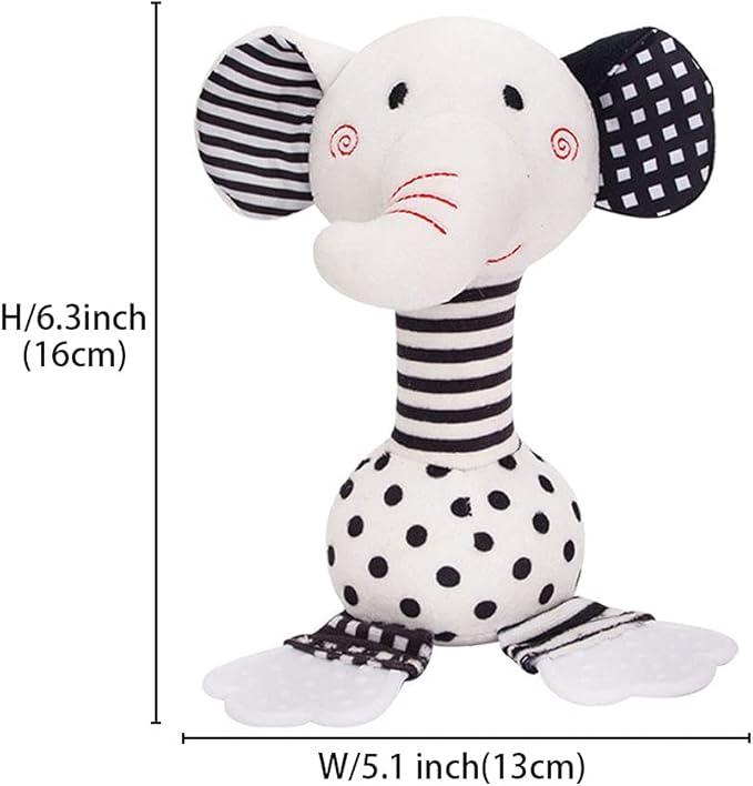 D-KINGCHY Baby Toys 0-12 Months, Black and White Newborn Toys, Soft Plush Rattle Stuffed Animal Toy with Teether and Sound, Developmental Hand Grip Toys (Elephant)