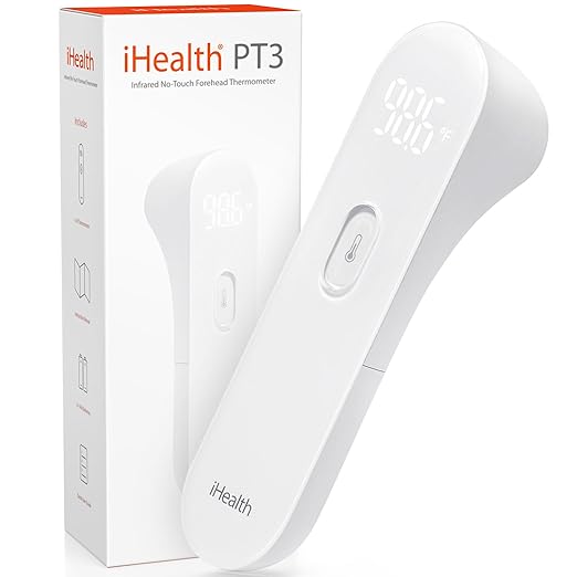 iHealth No-Touch Forehead Thermometer for Adults, Kids, Babies - 1s Fast Accurate, 3 Ultra-Sensitive Sensors, Quiet Vibration Feedback, Digital Large LED Digits, Easy to Use for Home & Nurses, PT3