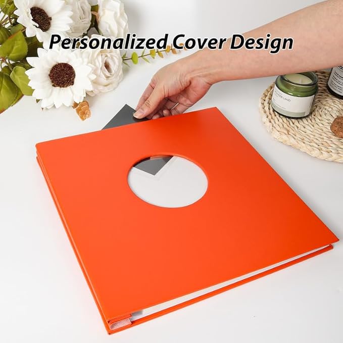 RECUTMS Photo Album Self Adhesive with Round Window 4x6 5x7 6x8 8x10 Magnetic Scrapbook with 40 Pages Leather Cover DIY Photo Album with Metallic Pen and Scraping Plate (Orange)