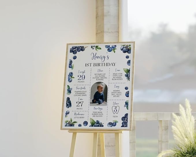 Generic Blueberry First Birthday Milestone Sign, Berry Sweet Birthday Milestone Poster, Boy Blueberries Photo Milestone Board, Design 01
