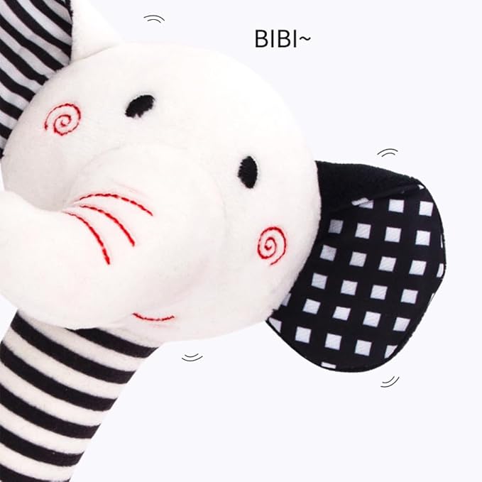 D-KINGCHY Baby Toys 0-12 Months, Black and White Newborn Toys, Soft Plush Rattle Stuffed Animal Toy with Teether and Sound, Developmental Hand Grip Toys (Elephant)