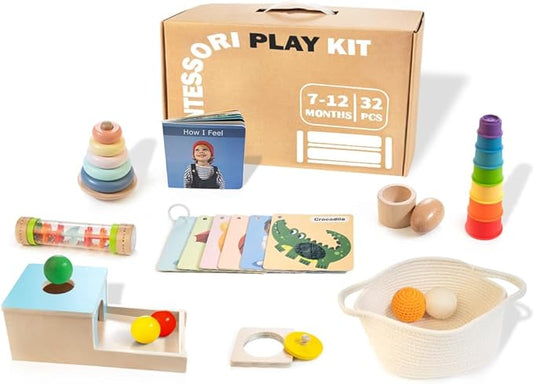 Montessori Toys for Babies 6-12 Months, 9 in 1 Educational Wooden Toys Set, Includes Object Permanent Box, Stacking Cups, Mirror Puzzle, Ring Stacker and More