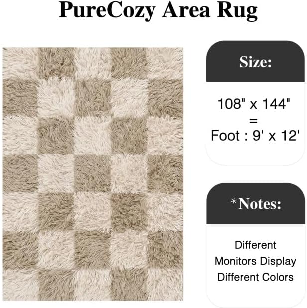 PureCozy Beige 9x12 Area Rugs for Living Room Soft Shag Checkered Large Rug - Image 2