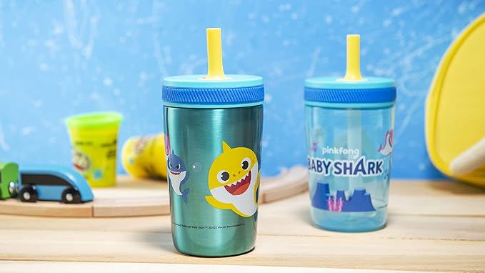 Zak Designs Baby Shark Kelso Tumbler Set, Leak-Proof Screw-On Lid with Straw, Bundle for Kids Includes Plastic and Stainless Steel Cups with Bonus Sipper (3pc Set, Non-BPA)15 fl oz.