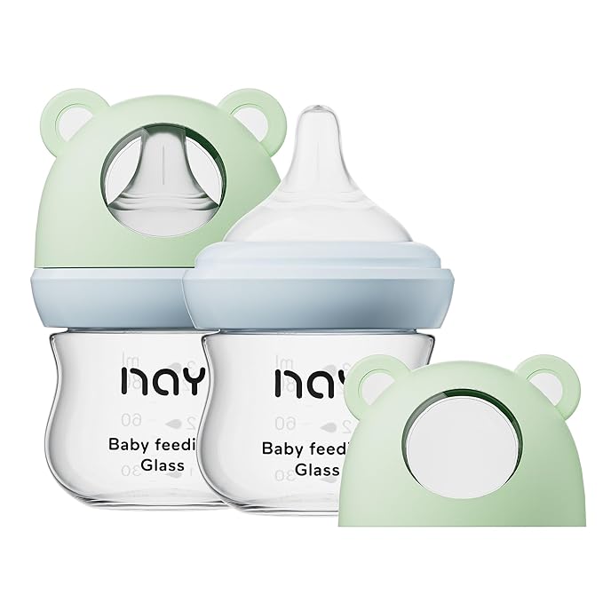 Natural Glass Baby Bottle for Breastfeeding Babies, 3oz Newborn Anti-Colic Baby Bottle with Slow Flow Nipples (SS), Clear, Wide Neck, 2 Pack, 0 Months+