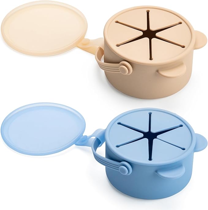 Silicone No Spill Snack Cups for Toddlers – Portable Baby Snack Cup Containers with Dustproof Lid – Dishwasher-Friendly Toddler Spill Proof Cups Without BPA, Lead, or Phthalates – Blue and Beige