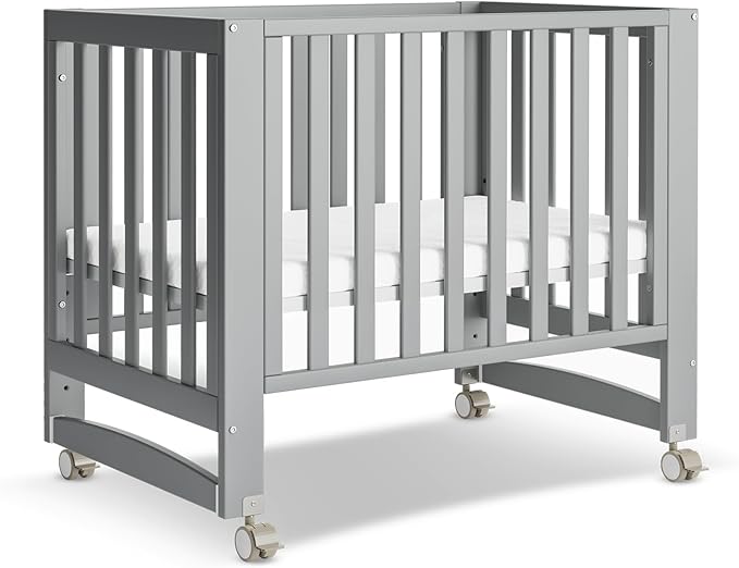 EvoNest Baby Crib, 6 in 1 Convertible Mini Crib with Wheels, 100% New Zealand Pinewood Growing Bed, 4 Adjustable Mattress Height，Washed Natural (Grey)