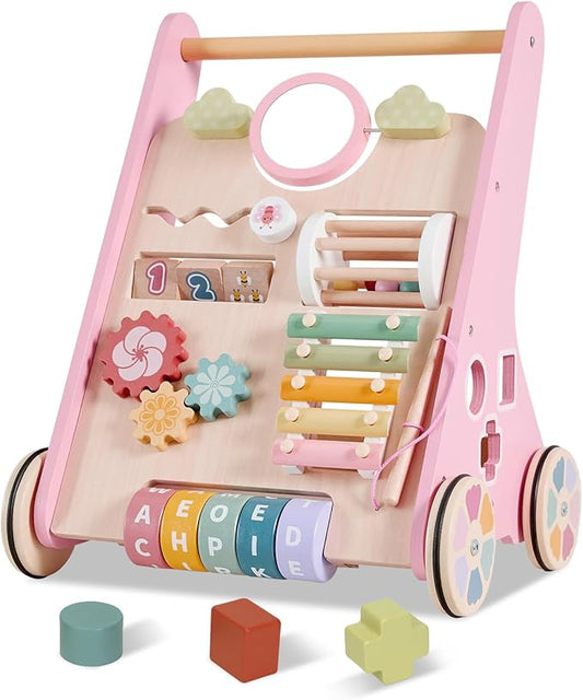 Wooden Baby Walker Wheels,Baby Push Walker for Babies 12 Months+ Montessori,Toddler Walker Push Toy Wooden Activity Walker for Boy,Walking Toys12 Months+ Learning to Walk