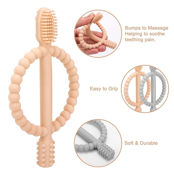 Baby Teething Toys with Easy-Hold Handle, Silicone Infant Toothbrush, Textured On Both Sides Helps Massage, Soothe Sore Gums, Teething Toys for Babies 0-6 Months, 6-12 Months Peach Powder & Gray