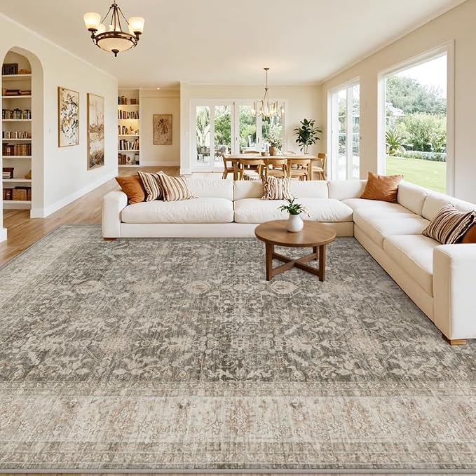 10x14 Area Rug for Living Room: Vintage Boho Neutral Washable Rug Indoor Soft by Luxturiy