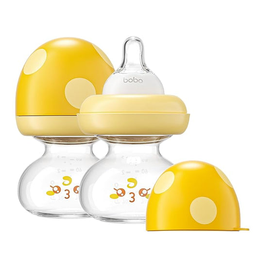 YOHKOH Newborn Glass Baby Bottles with Slow Flow Nipple for 0+ Months, Wide Neck Feeding Bottle, 2.7oz/80ml (Yellow, 2.7oz (Pack of 2))