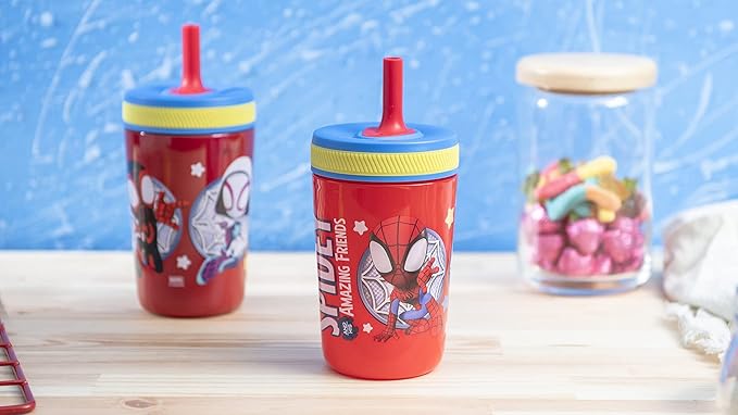 Zak Designs Spidey and His Amazing Friends Kelso Tumbler Set, Leak-Proof Screw-On Lid with Straw, Bundle for Kids Includes Plastic and Stainless Steel Cups with Bonus Sipper, 3pc Set, Non-BPA