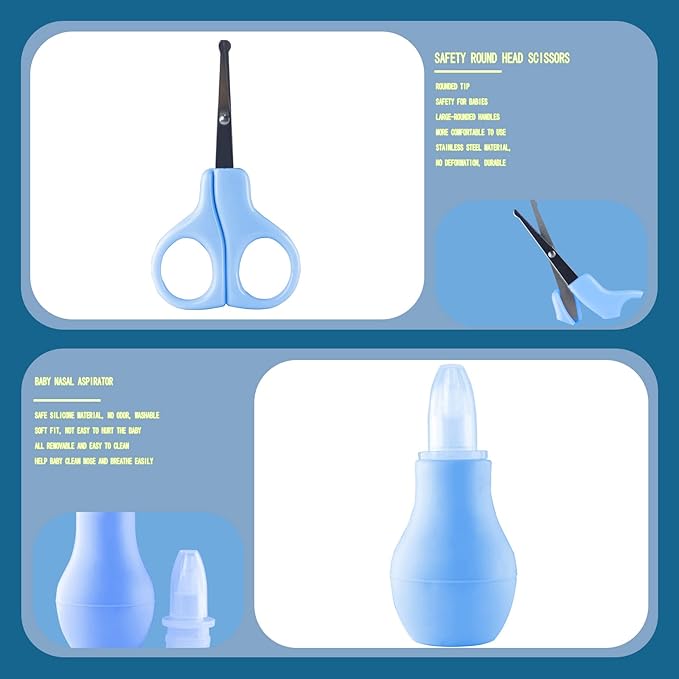 Baby Grooming Kit, Baby Essentials for Newborns, Portable Baby Care Kit, Contains Baby Nail Clippers, Baby Comb, Baby Brush, Baby Ear Wax Removal Tool and More (10 in 1) (Blue)