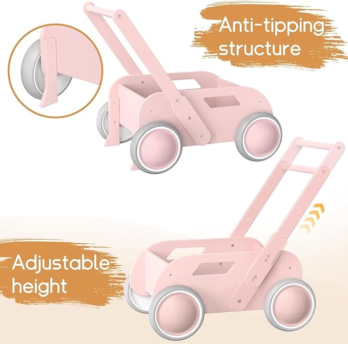 2025 HOMEKOL Wooden Baby Walker,Baby Push Walker, Adjustable Speed Baby Walker for Boys and Girls, Baby Activity Center, Gift for Birthday, Christmas and New Year Nature Pink