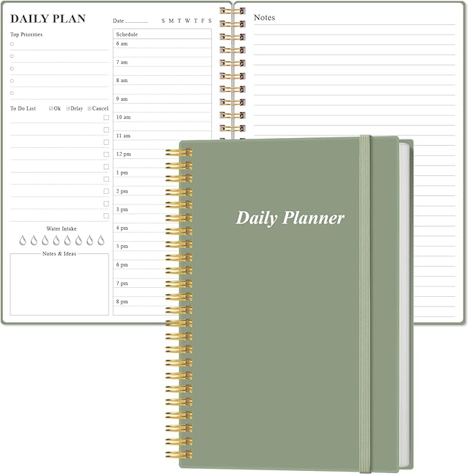 Daily Planner Undated - A5 To Do List Notebook Hourly Schedules, Spiral Appointment Planner for Women and Men, PVC Hardcover, Inner Pocket, Elastic Closure, 5.8" x 8.3", Green