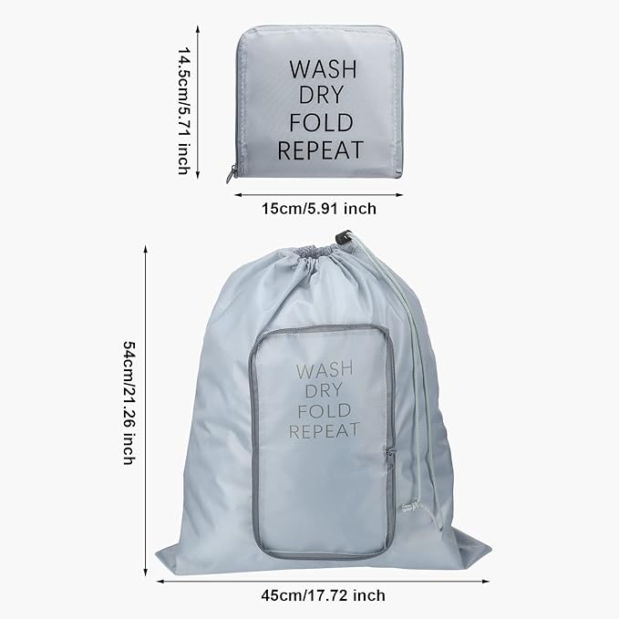 2 Pcs Travel Laundry Bag Washable Dirty Clothes Bag with Drawstring and Zipper for Suitcase, 22 x 18 Inch (Gray, Blue,Classic)