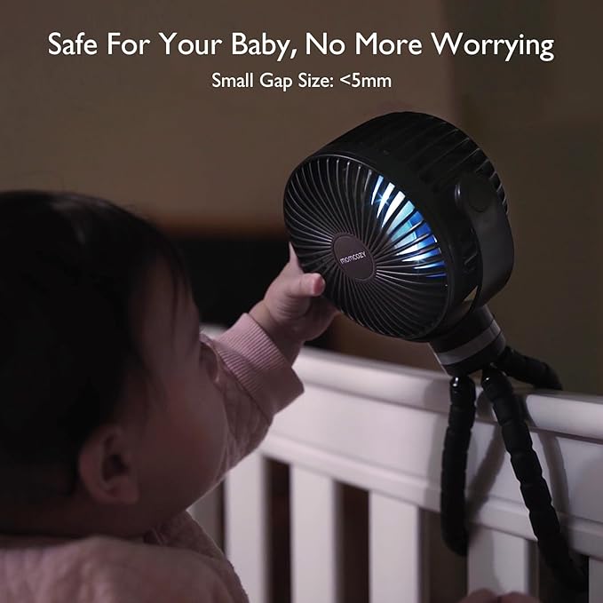 Momcozy Portable Stroller Fan, 8000mAh, 27H Ultra-long Battery Life, Detachable 4 Speed 360°Rotate, LED Night Light with 2 Modes, USB Rechargeable Handheld Cooling Fan for Travel, Car Seat, Bedroom