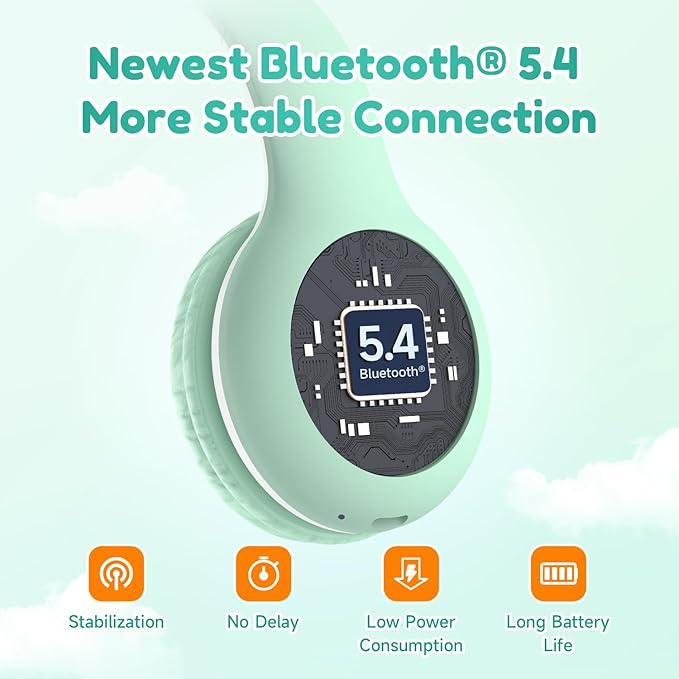 EarFun K2 Kids Bluetooth Headphones, Kids Headphones with Volume Limited, 40H Playtime, Built-in Mic, Stereo Sound, Foldable Over-Ear Headphone for School/Travel/iPad/Tablet, Green