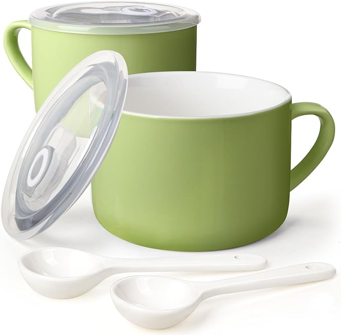 Soup Bowls with Handles & Spoons, 30oz Ceramic Ramen Bowl with Lid, Large Soup by Wareland
