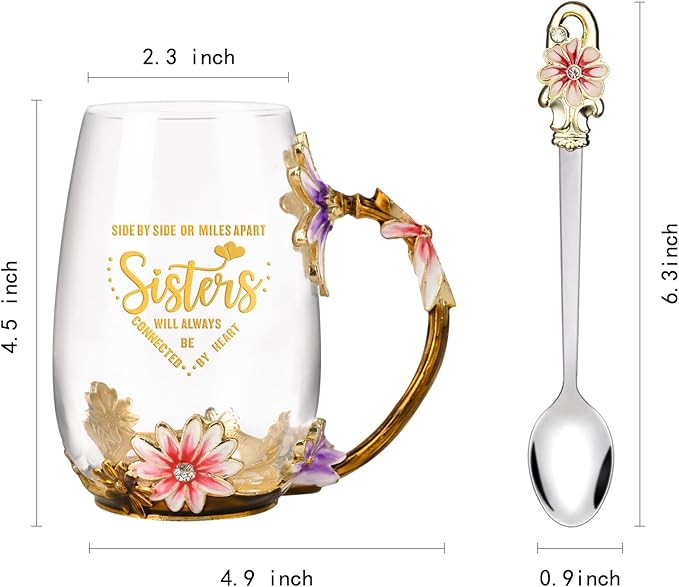 OEAGO Tea Cup Glass Coffee Enamels Mug Sisters Gifts from Sister - Image 2