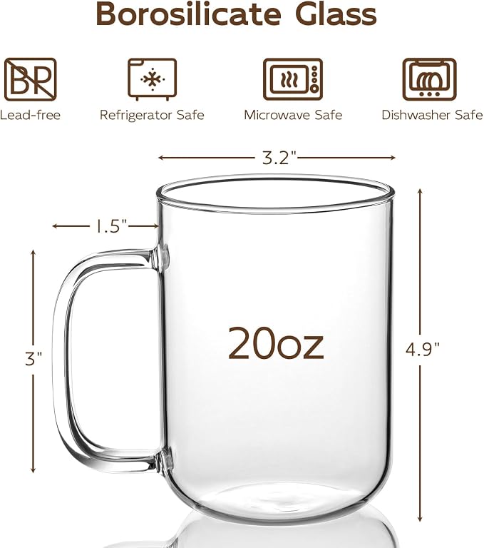 Glass Coffee Mugs, 20 oz Ice Coffee Cups Set of 6, Large Clear Tea Cups - Image 2
