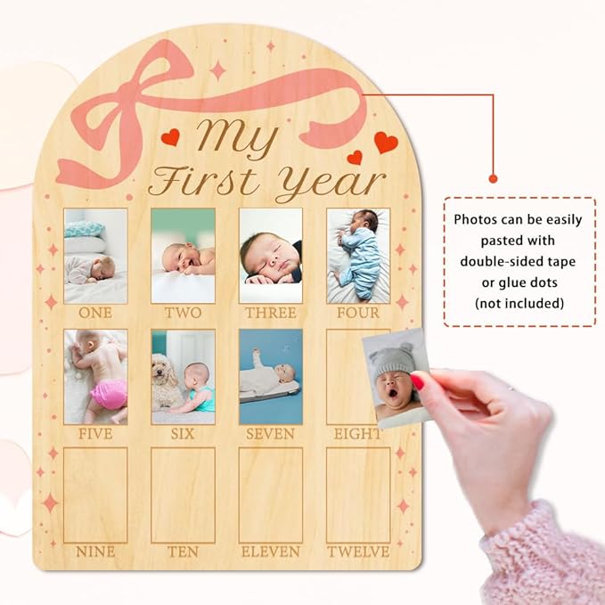 ORIGACH My First Year Baby Growth Photo Display Wood Board - 12 Months Newborn Milestones Photo Board - Neutral Baby Keepsake Frame 1st Birthday Party Nursery Decor New Mom Gift - Bow & Heart