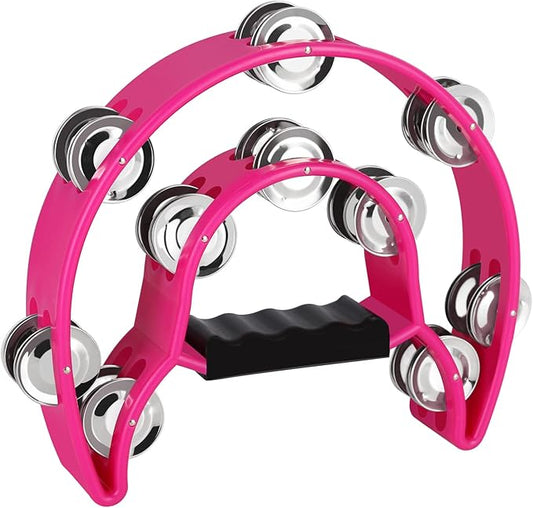 EastRock Double Row Tambourine,Metal Jingles Hand Held Percussion-Half Moon Tambourine for Adults, KTV, Party Pink