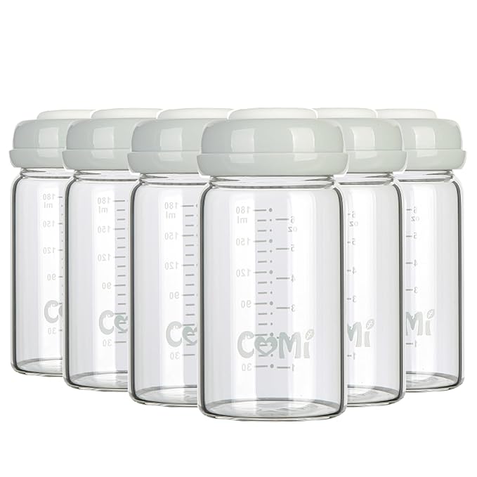 COMI Wide Neck Glass Breastmilk Collection n Storage Bottle, 6oz with Screw Ring Sealing Disk; Re-markable Sealing Disc. BPA Free, Fits Breast Pumps & Nipples (Gray Lids)