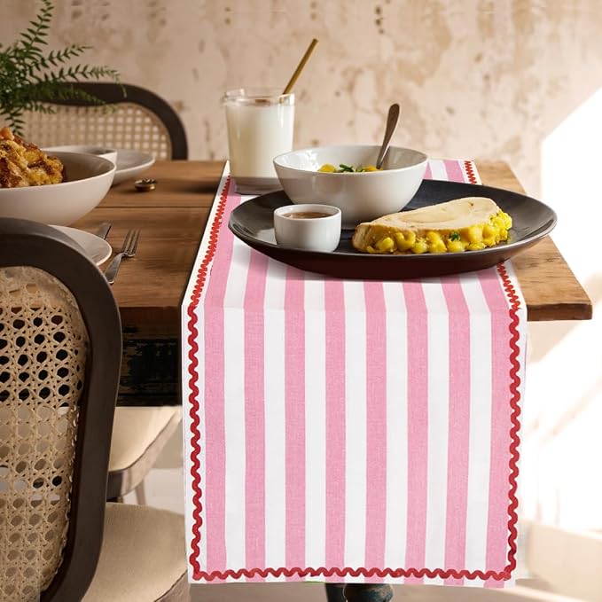 Folkulture Fall Table Runner 72 Inches Long | Pink & White Vertical Striped | - Image 3