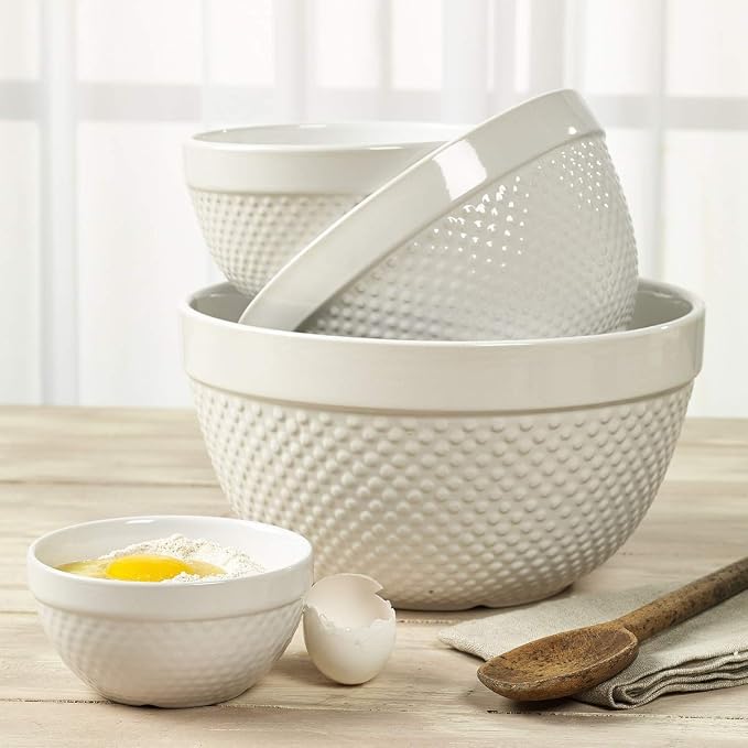 Tabletops Gallery Hobnail Style 4 Piece Classic White Stoneware Nesting Mixing - Image 5