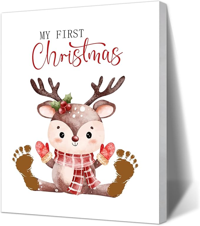 SHLINCO Elk Handprint Keepsake DIY Kit, Baby's First Christmas Keepsake, Winter Decoration, Family Footprint Art for Kids, 7.8x9.8 Inch Canvas, Suitable For Desktop Wall Ornaments