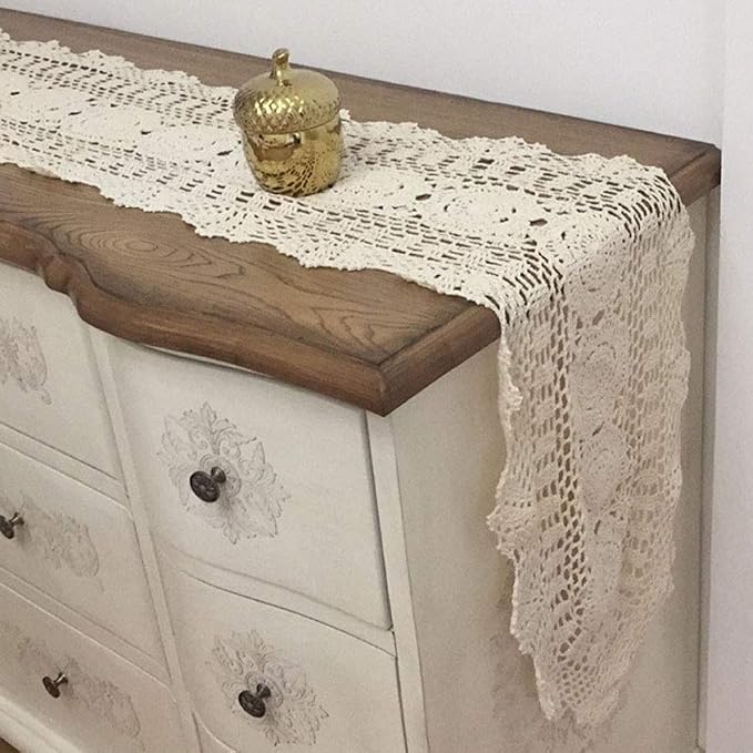 Cotton Handmade Crochet Lace Oval Table Runner Beige 12x84 Inch - Image 6