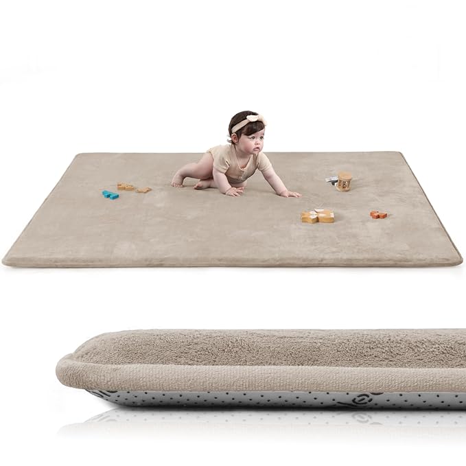 Baby Play Mat for Floor,Extra Large 79"×118" Tummy Time Mat,Thicker Memory Foam Mat for Toddler,Infant,Kids,Water Repellent Ultra Soft Coral Velvet,Non-Slip Backing Safe for Crawling(Beige)