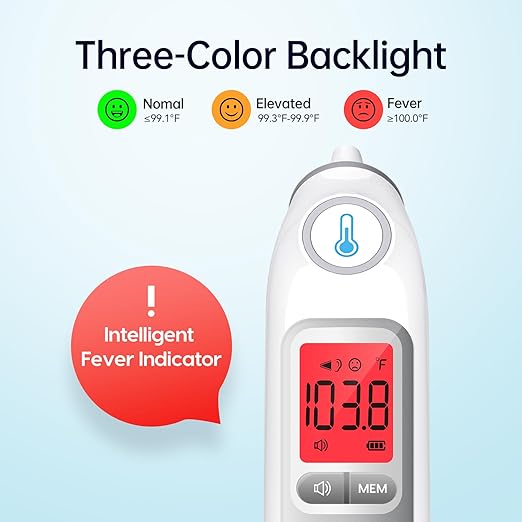 Ear Thermometer, Highly Accurate Ear Thermometer for Kids, Adults and Babies, 30 Memory Recall, 1s Result and 3-Color Fever Alert, with 24 Disposable Probe Covers, Gray