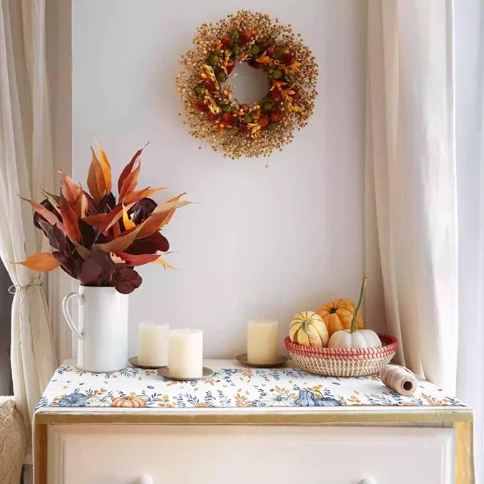 Blue Pumpkin Fall Table Runner 70 Inches Long, Thanksgiving Floral Eucalyptus - Image 3