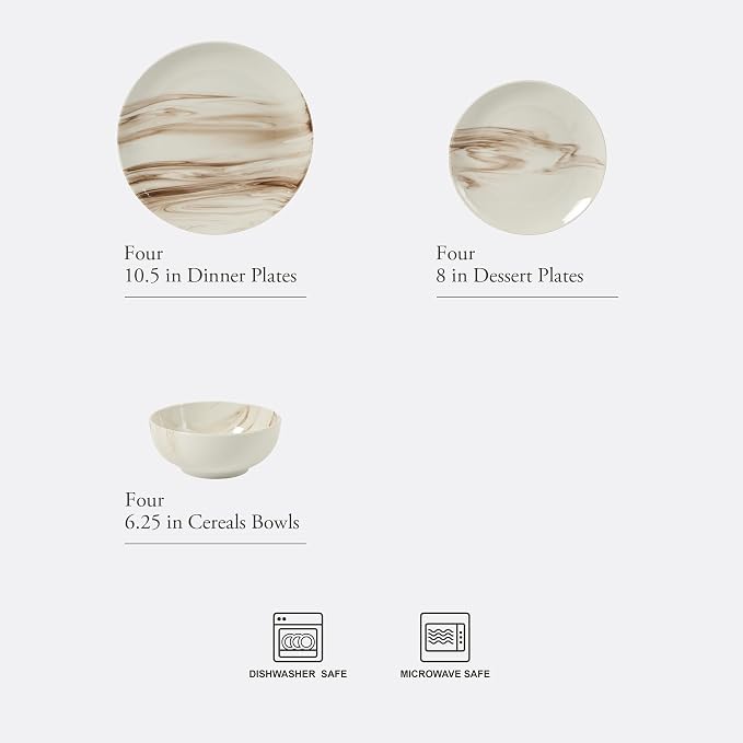 Gibson Home Cloudlight 12 Piece Plates and Bowls Dishes Brown and White - Image 2
