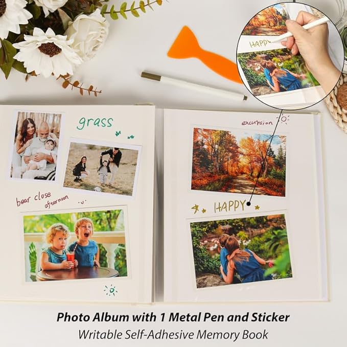 RECUTMS Photo Album Self Adhesive with Round Window 4x6 5x7 6x8 8x10 Magnetic Scrapbook with 40 Pages Leather Cover DIY Photo Album with Metallic Pen and Scraping Plate (Brown)