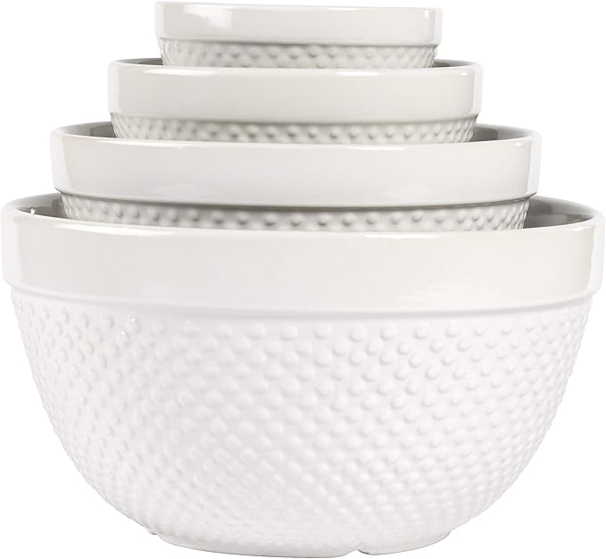 Tabletops Gallery Hobnail Style 4 Piece Classic White Stoneware Nesting Mixing by TabletopsGallery