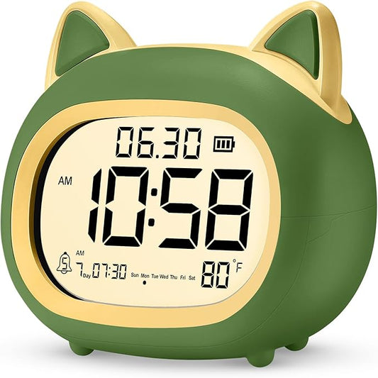 Kids Alarm Clock with Night Light for Kids, Small Digital Alarm Clocks for Bedrooms, Routine Builder, Cute Cat Alarm Clock with Sleep Training, Snooze, 12/24H, Date & Day, Temperature, USB Port