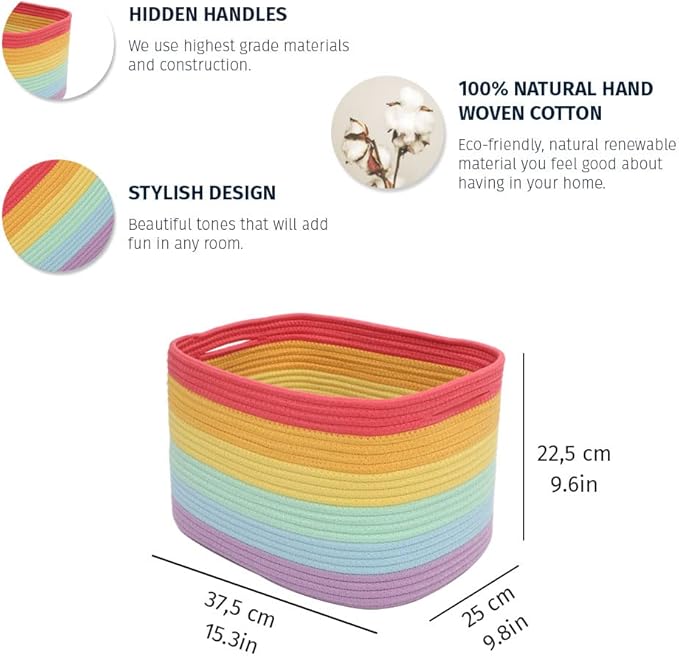 OrganiHaus Rope Rainbow Storage Baskets for Shelves, Rainbow Baskets for Classroom, Baby Basket for Nursery Storage, Rainbow Storage Bins & Toy Organizer, Colorful Baskets for Baby Room