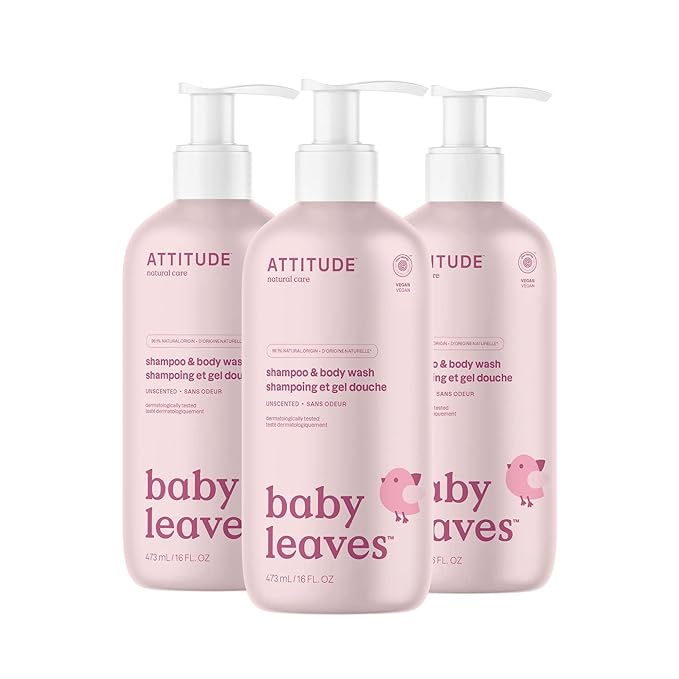 ATTITUDE 2-in-1 Shampoo and Body Wash for Baby, EWG Verified, Dermatologically Tested, Vegan, Unscented, 16 Fl Oz (Pack of 3)