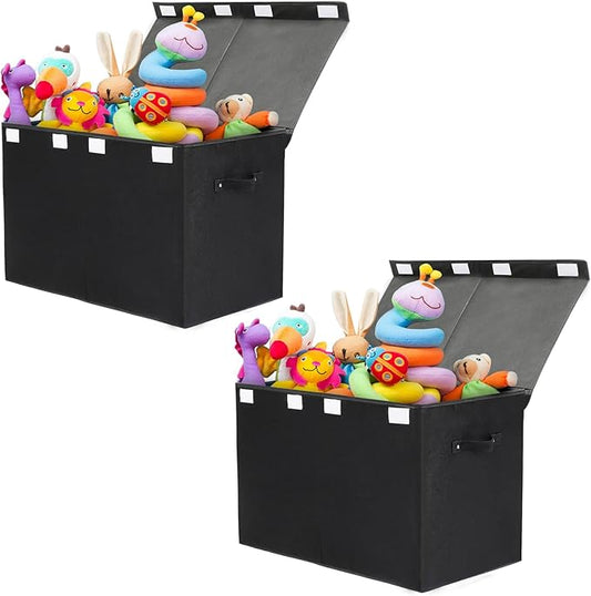 popoly 2 Pack Large Toy Box Chest Storage with Flip-Top Lid, Collapsible Kids Toy Storage Bin Boxes s for Toys, Playroom Organizers, 25"x13" x16" (Linen Black)