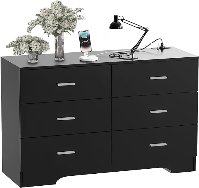 Dresser with Power Outlets Wooden 6 Drawer Dresser with USB and Type C Port Chest of Drawers for Bedroom Tall Black Organizer Storage for Living Room Hallway Closet