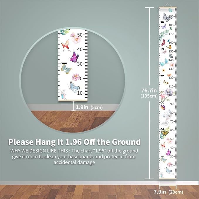Flowers Plants Growth Chart for Kids Baby Height Chart Ruler Removable Canvas Wooden Frame Hanging Wall Rulers Measurement Charts for Floral Toddler Room Decor - 79"X7.9" with Black Wood