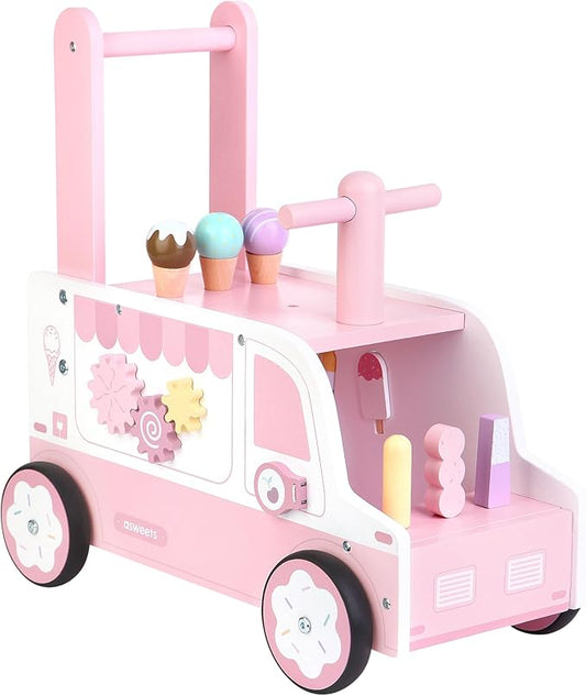 Asweets Wooden Baby Push and Pull Walker with Wheels, Learining Acticity Walker for Boys & Girls, Multiple Activities Center, Develops Motor Skills & Stimulates, 17.3''L x 9.1''W x 18.1''H